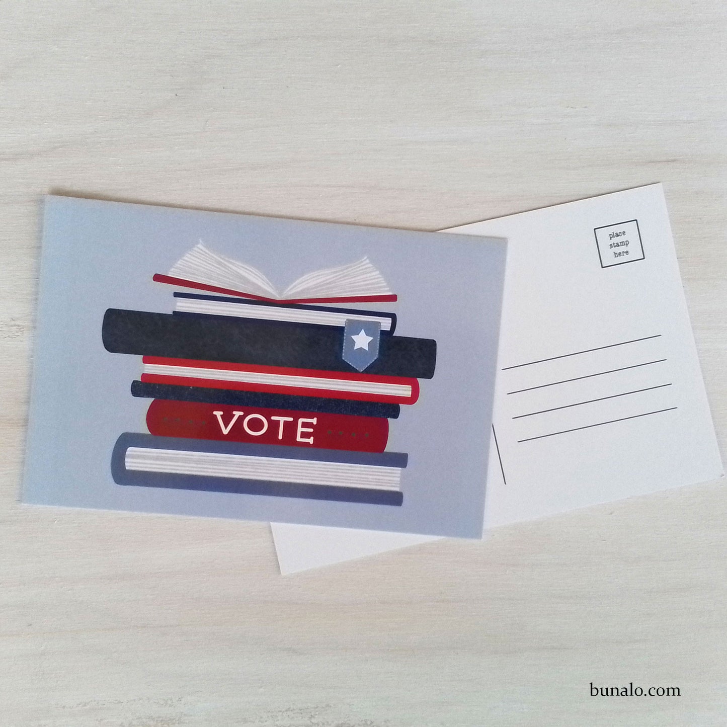 Vote Postcard with Stacks of Books for Libraries and Teachers