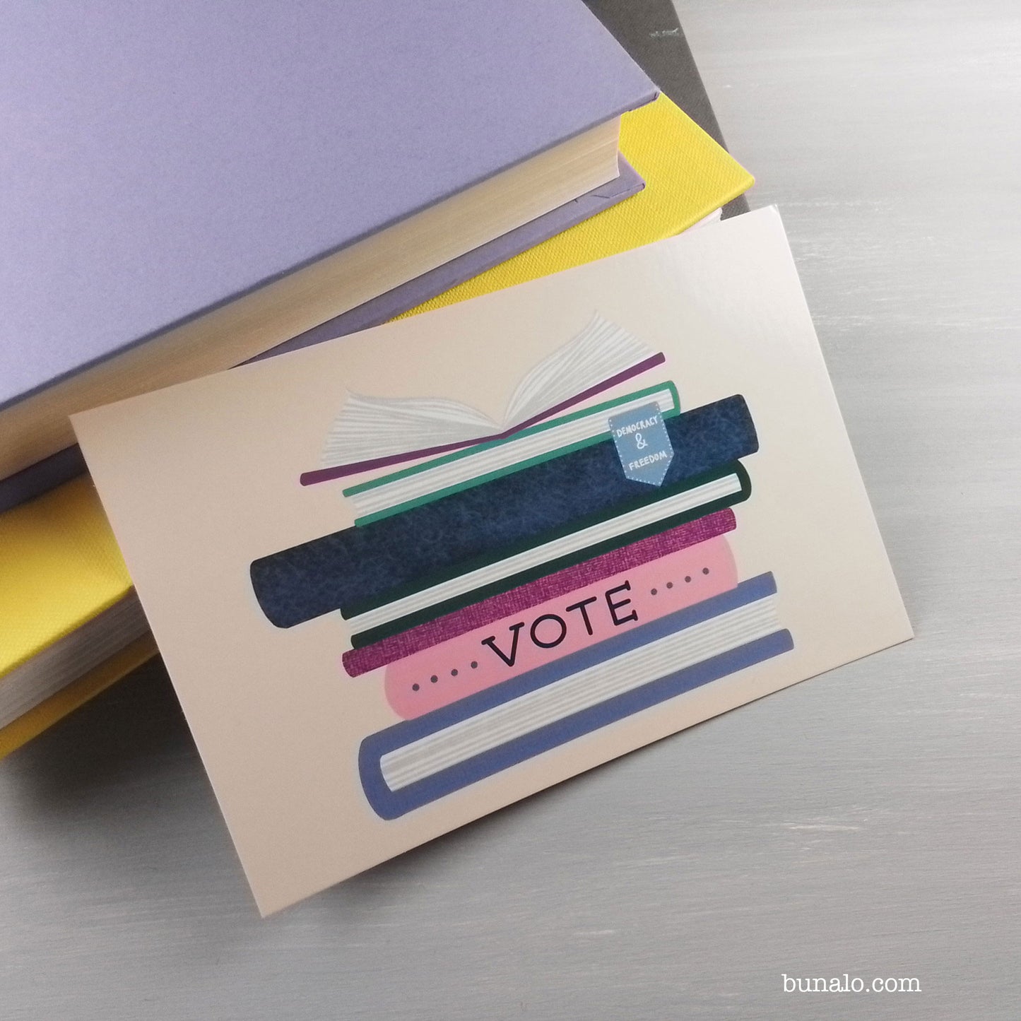 Vote Postcard with Stacks of Books for Libraries and Teachers