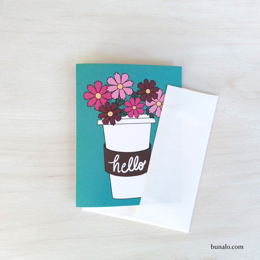 Hello Note Card with Flowers and Coffee Cup