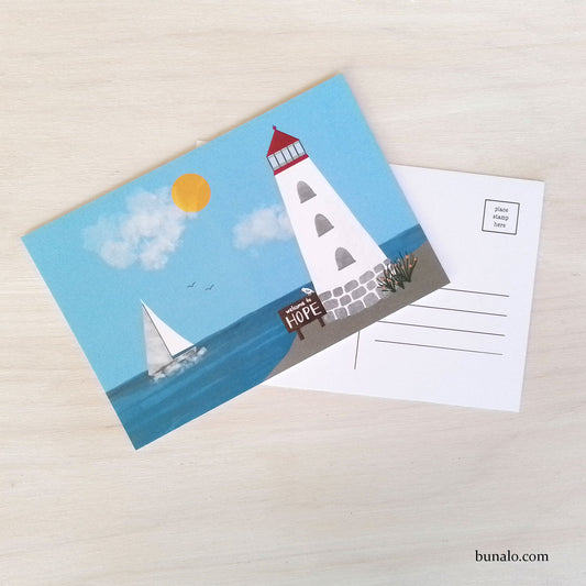 Hope Postcard with Lighthouse, Sailboat and Seagull